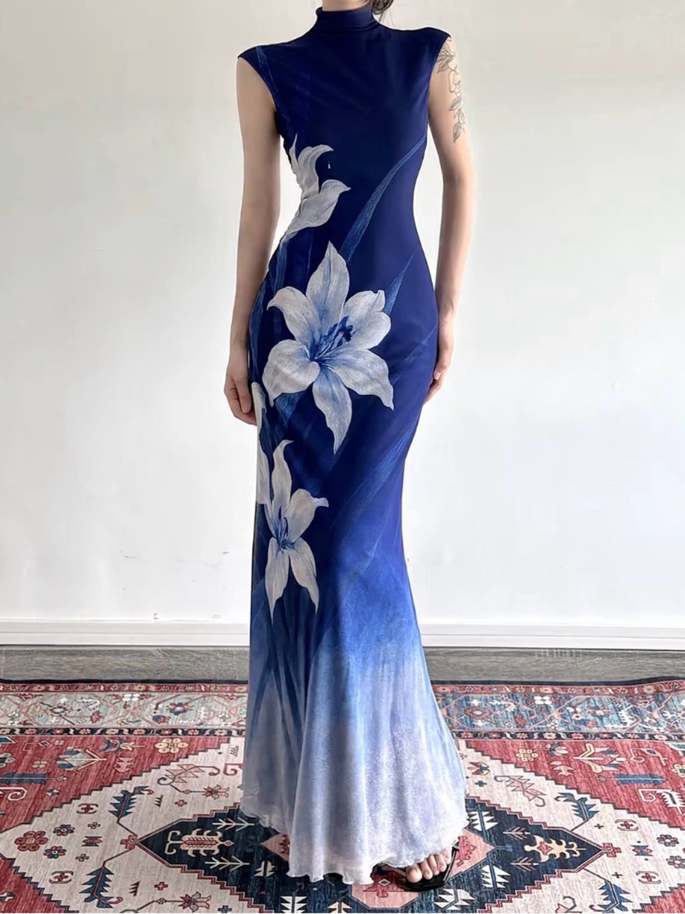 Navy Blue Floral Mesh Maxi Dress with White Lily Print